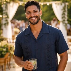 The Havanera Co Men's Large Navy Blue Guayabera Embroidered Button Shirt EUC